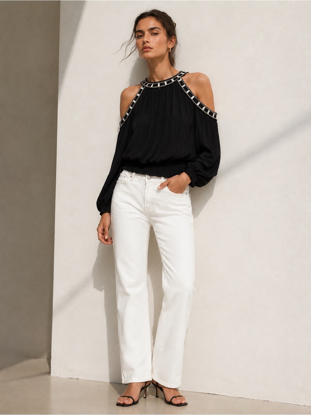 H&M Divided Black Cold Shoulder Embellished Long Sleeve Top Size 4